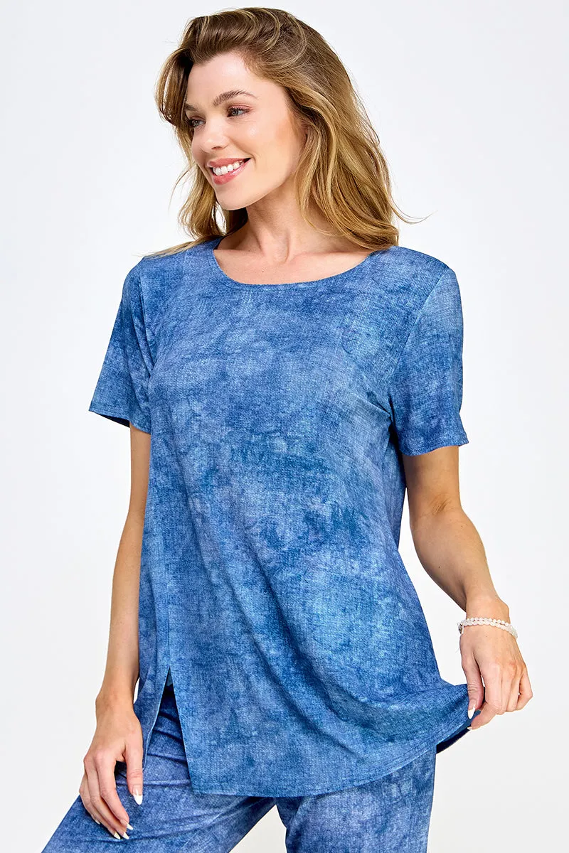 Denim Print Round Neck Short Sleeve Slit Top-3079HT-SRD1-D003