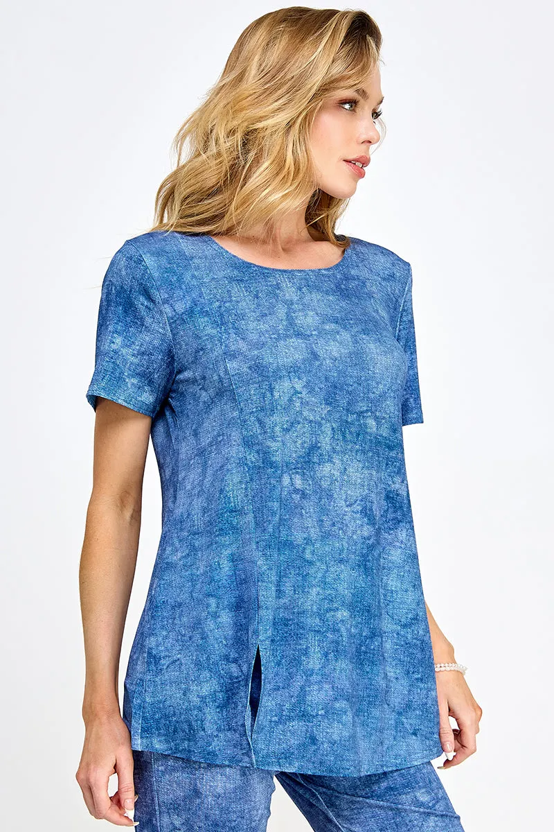Denim Print Round Neck Short Sleeve Slit Top-3079HT-SRD1-D003