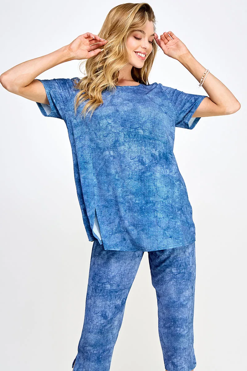 Denim Print Round Neck Short Sleeve Slit Top-3079HT-SRD1-D003