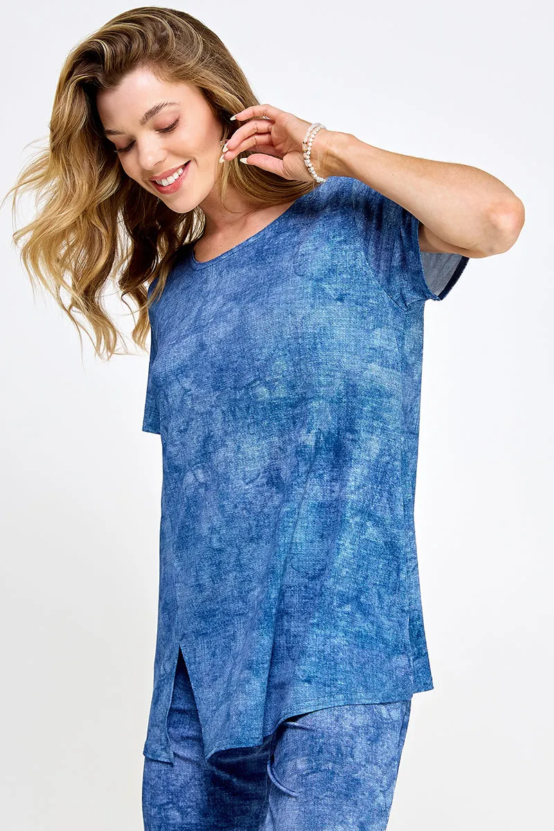 Denim Print Round Neck Short Sleeve Slit Top-3079HT-SRD1-D003