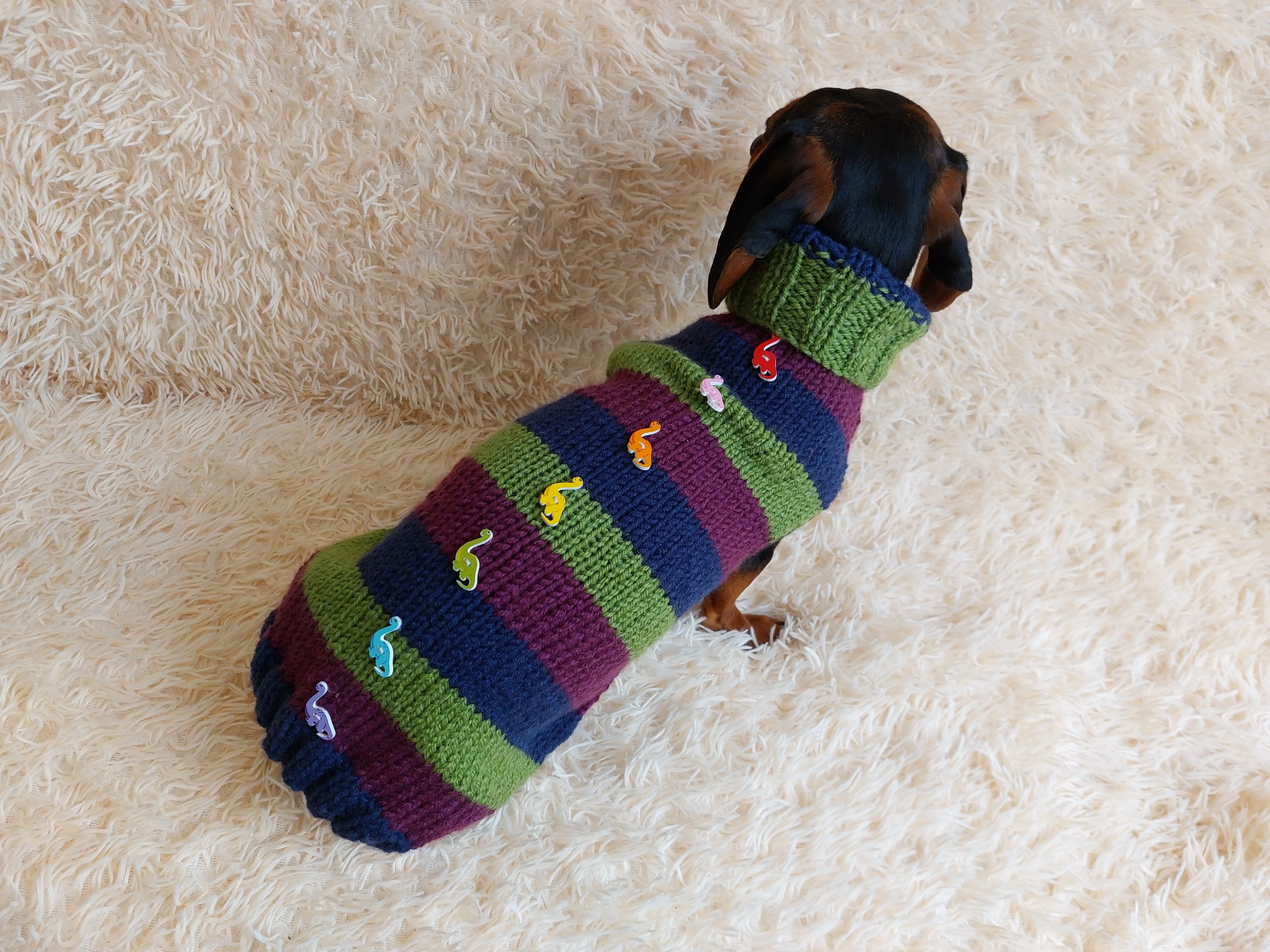 Dinosaur striped jumper with wooden buttons for pets