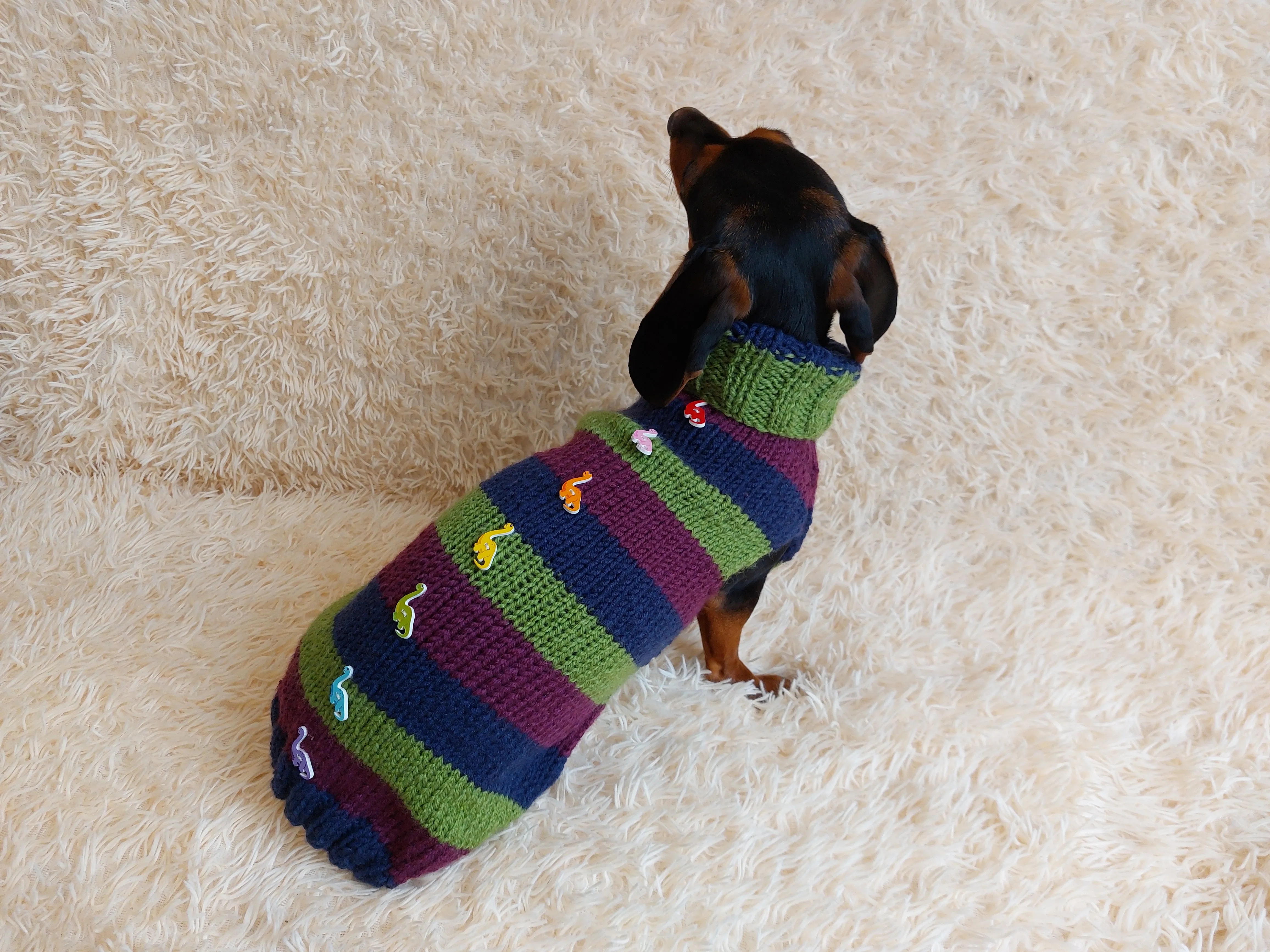 Dinosaur striped jumper with wooden buttons for pets