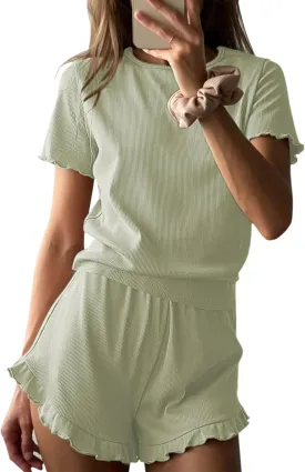 Ekouaer Womens Ribbed Knit Pajama Sets 2 Piece Short Sleeve Pjs Cute Pajamas Ruffle Lounge Sets Soft Sleepwear Set S-XXL