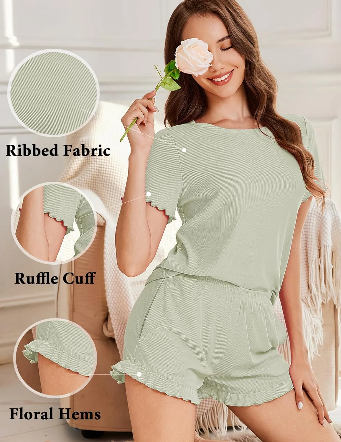 Ekouaer Womens Ribbed Knit Pajama Sets 2 Piece Short Sleeve Pjs Cute Pajamas Ruffle Lounge Sets Soft Sleepwear Set S-XXL