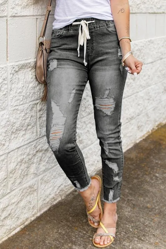 Elastic Waist Ripped Jeans - Black