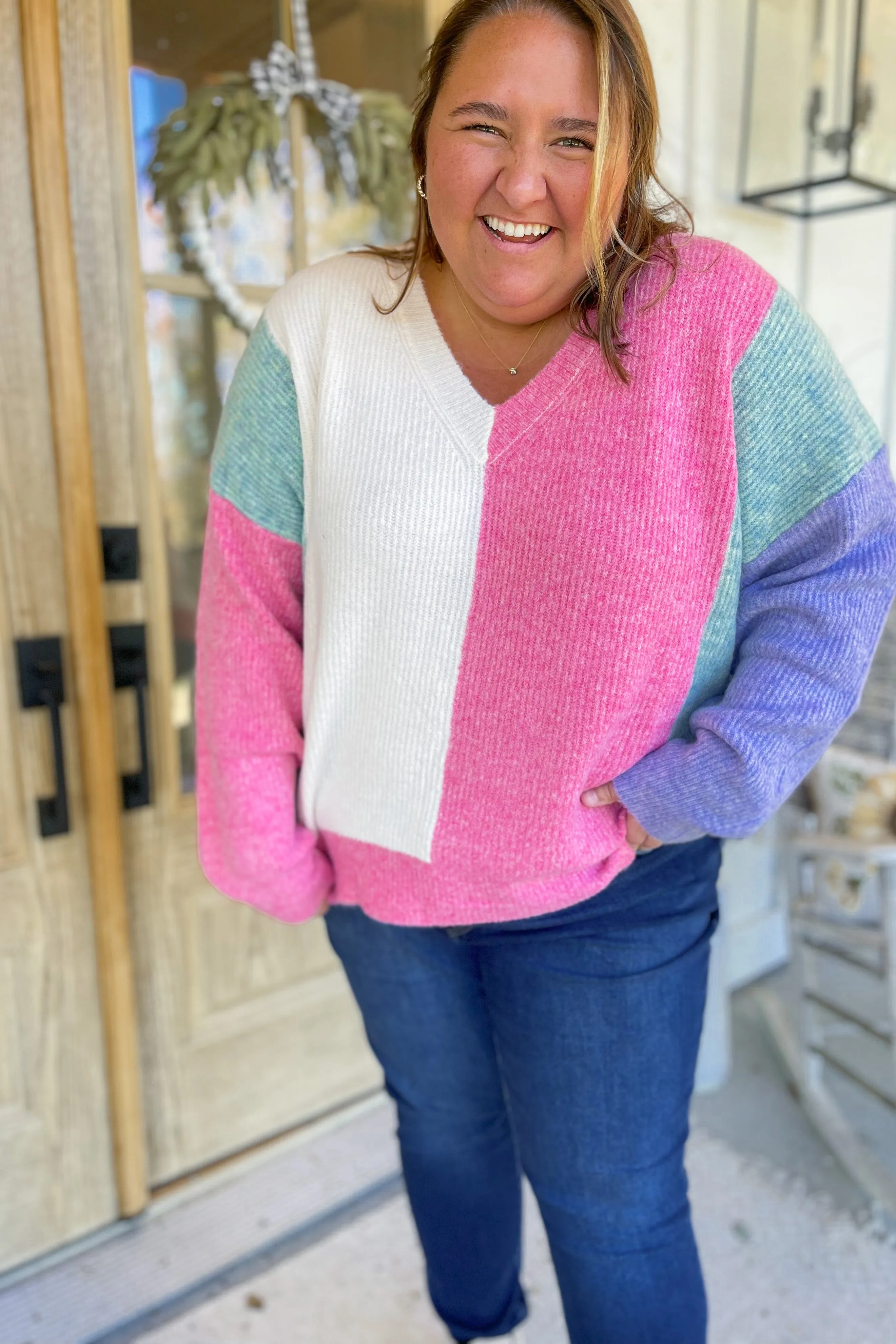 Everett Cozy V Neck Color Block Sweater