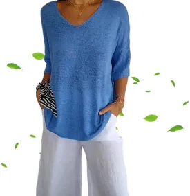 Flowarmth Solid Color Knitted V-Neck Top,Women's Solid Color Knitted V-Neck Top, Lightweight 3/4 Sleeve Sweater