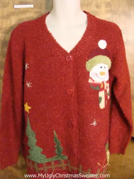 Funny Red Christmas Sweater with Santa and Snowman