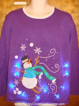 Funny Snowman Purple Light Up Ugly Xmas Sweater