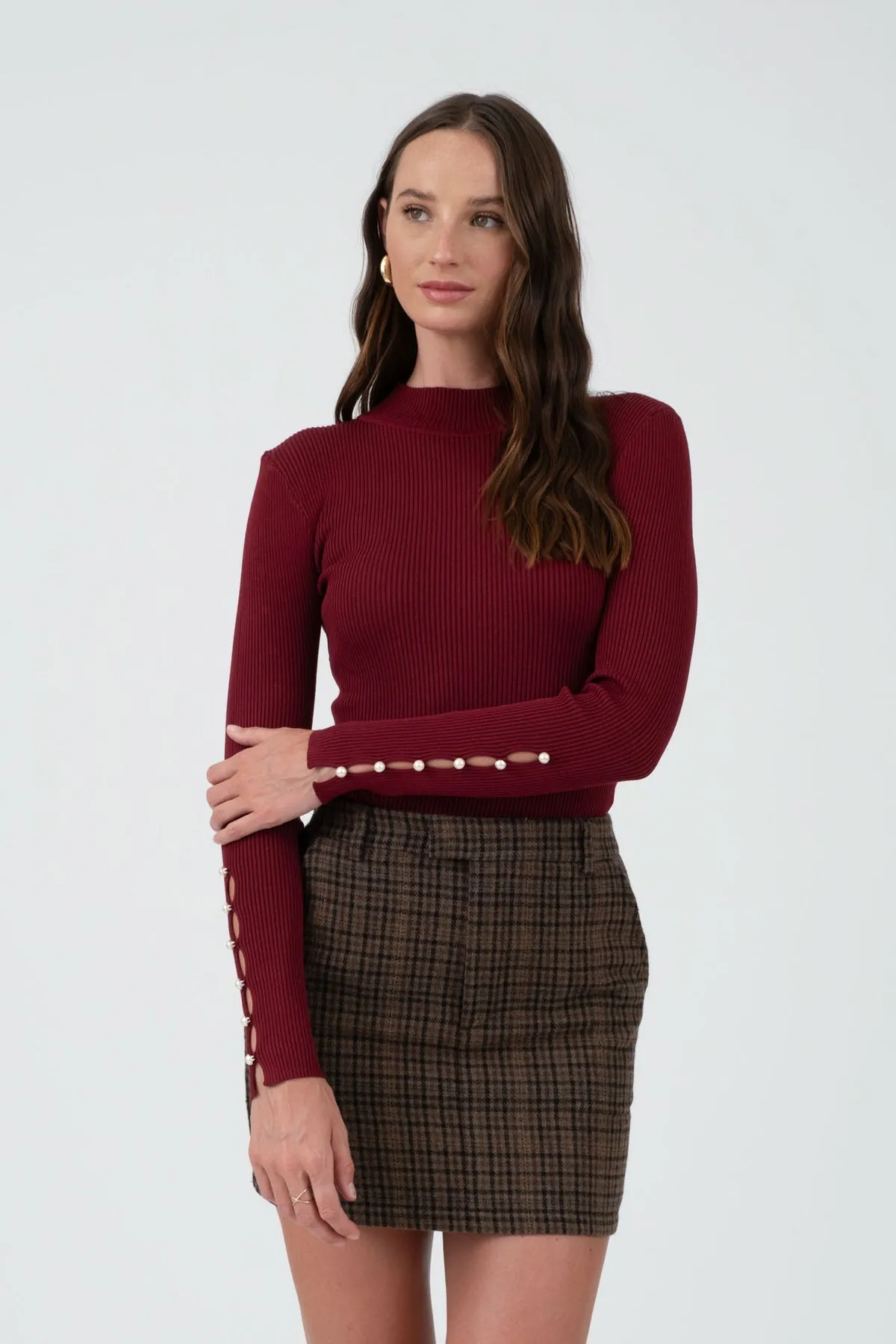 Hans Mock Neck Beaded Pearl Sleeve Detail Top