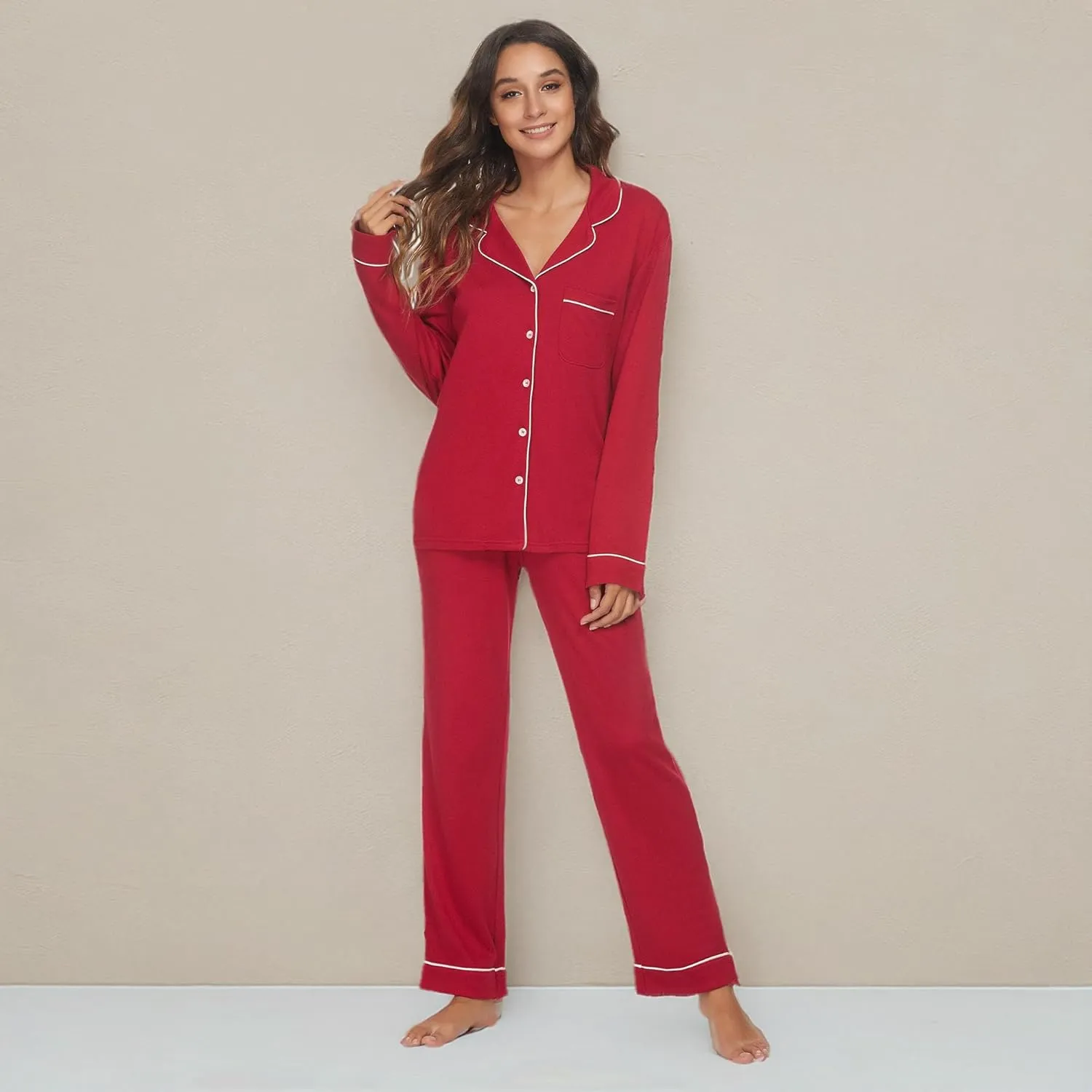 HEARTNICE Womens Pajama Set, Soft Long Sleeve Pajamas & Long Pants with Pockets, Warm Button-up Sleepwear Lounge Pjs