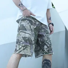 Hnzxzm Men's Graffiti Ripped Short Jeans Summer New Fashion Casual Slim Big Hole Retro Style Denim Shorts Male Brand Clothes