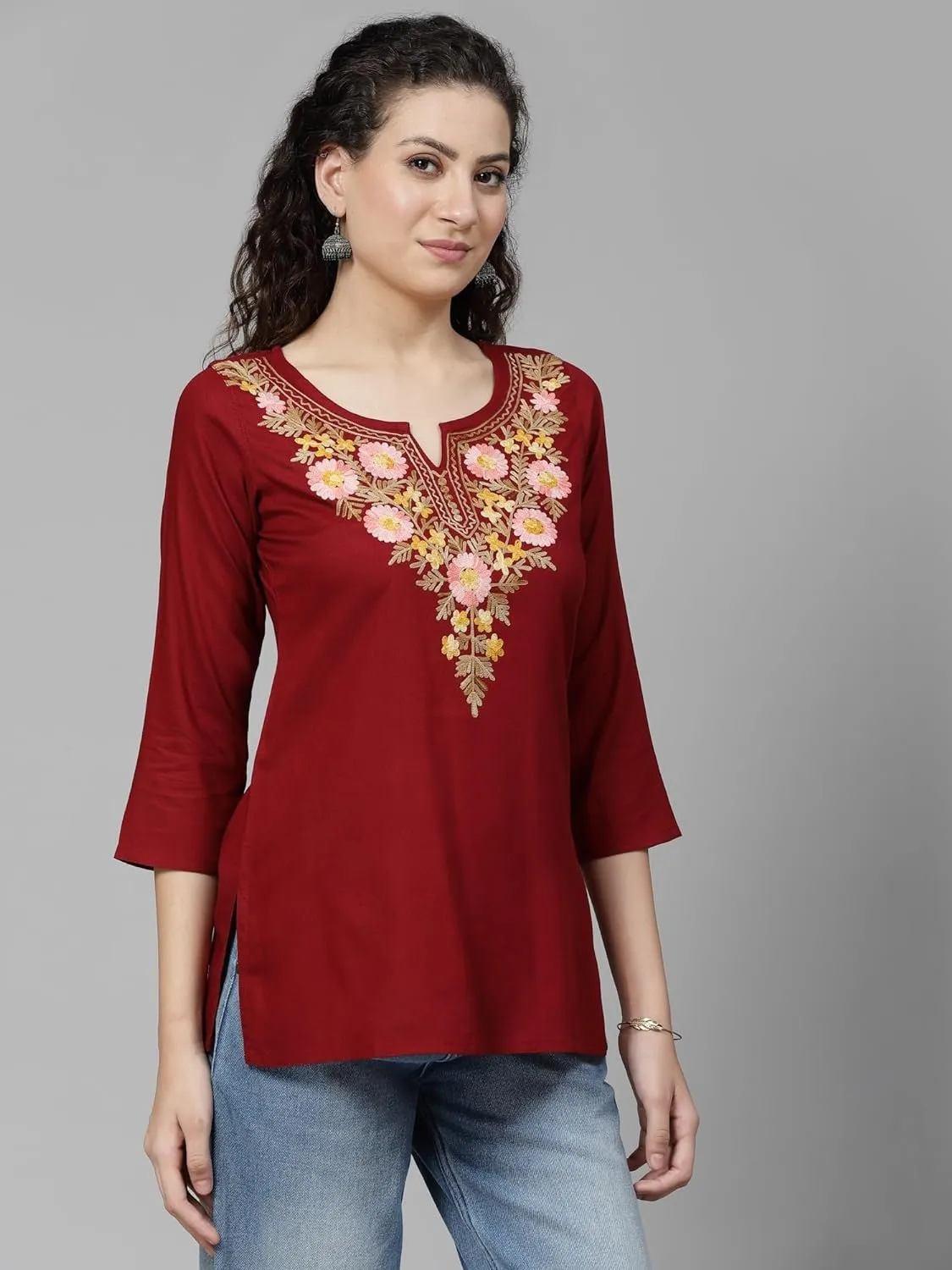 Keyhole Neck Three-Quarter Sleeves Israa Kashmiri Embriodered Short Kurti
