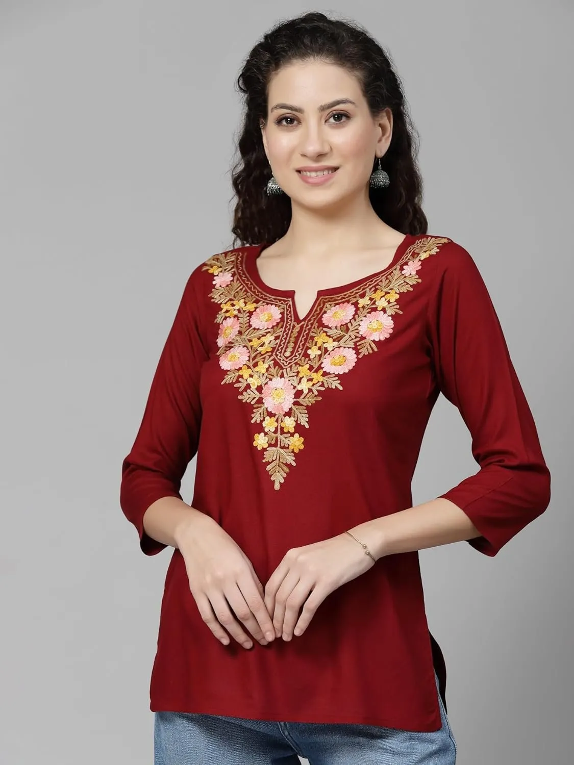 Keyhole Neck Three-Quarter Sleeves Israa Kashmiri Embriodered Short Kurti