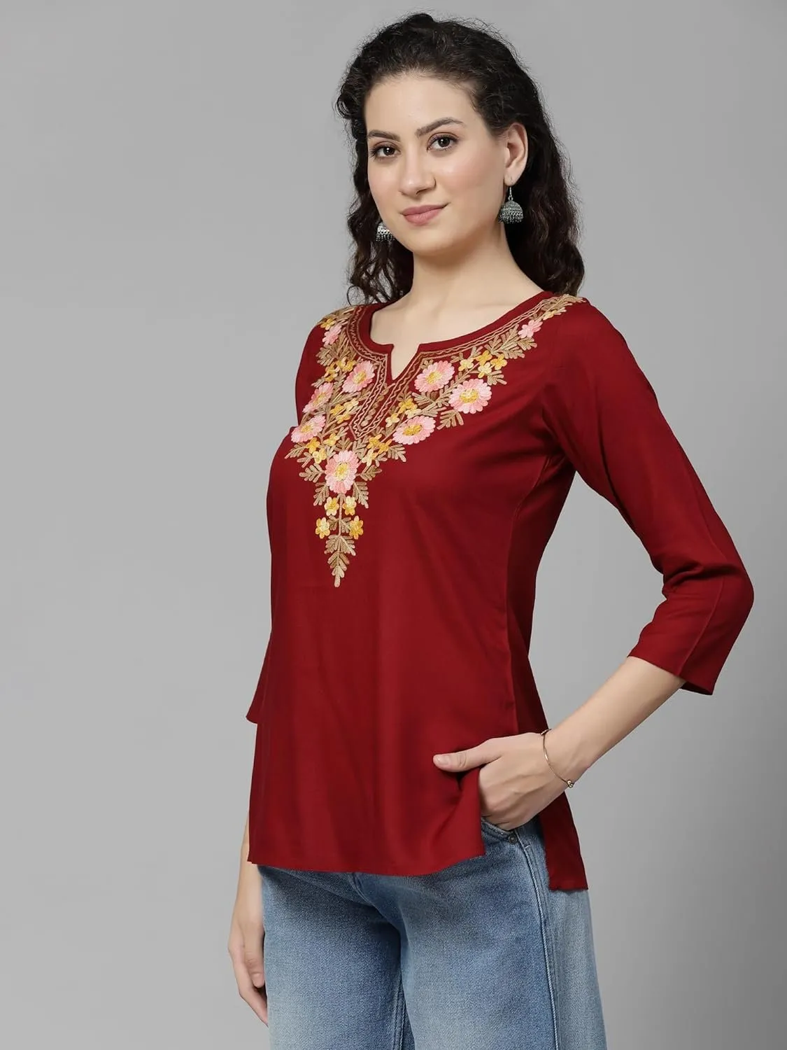 Keyhole Neck Three-Quarter Sleeves Israa Kashmiri Embriodered Short Kurti