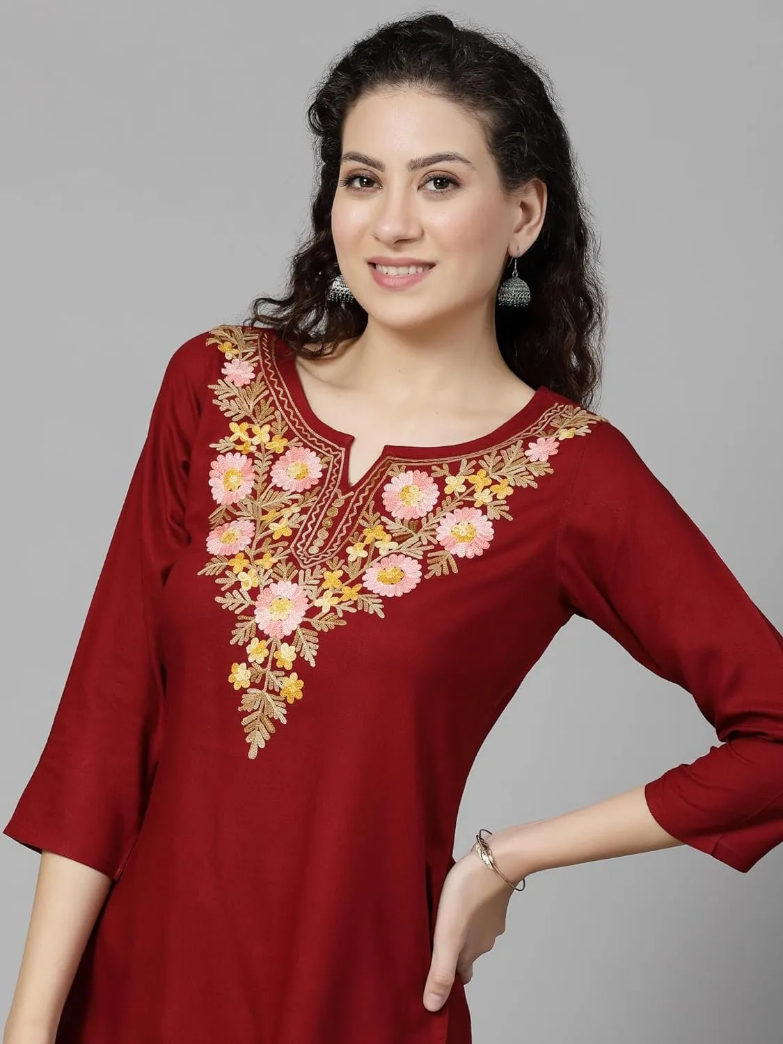Keyhole Neck Three-Quarter Sleeves Israa Kashmiri Embriodered Short Kurti