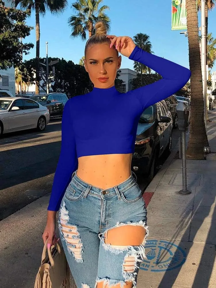 LAGSHIAN Basic Long Sleeve Crop Top, Women's Turtleneck Sexy Casual Top