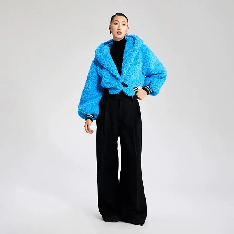 LEDI W croped winter faux lambwool blue fuzz coat - Llege