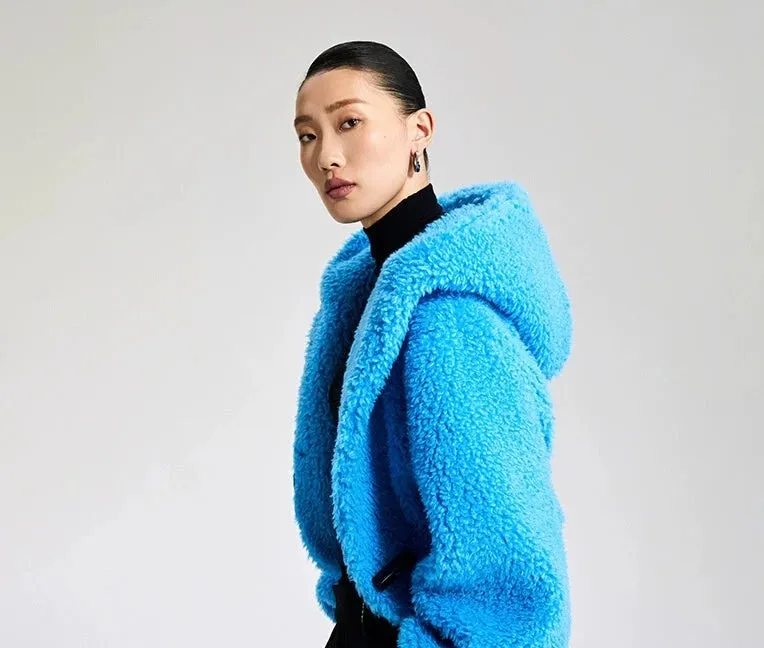 LEDI W croped winter faux lambwool blue fuzz coat - Llege