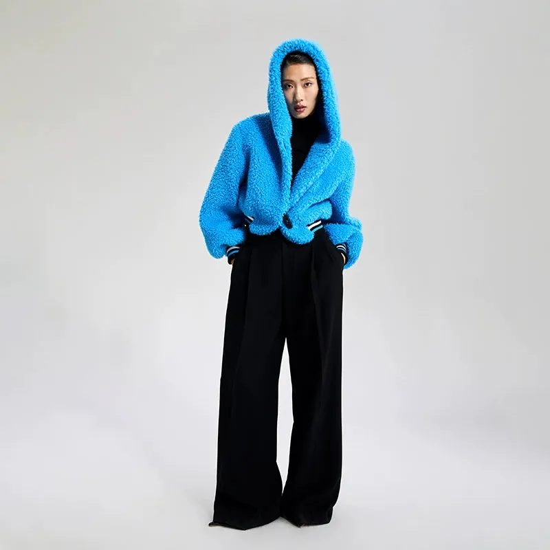 LEDI W croped winter faux lambwool blue fuzz coat - Llege
