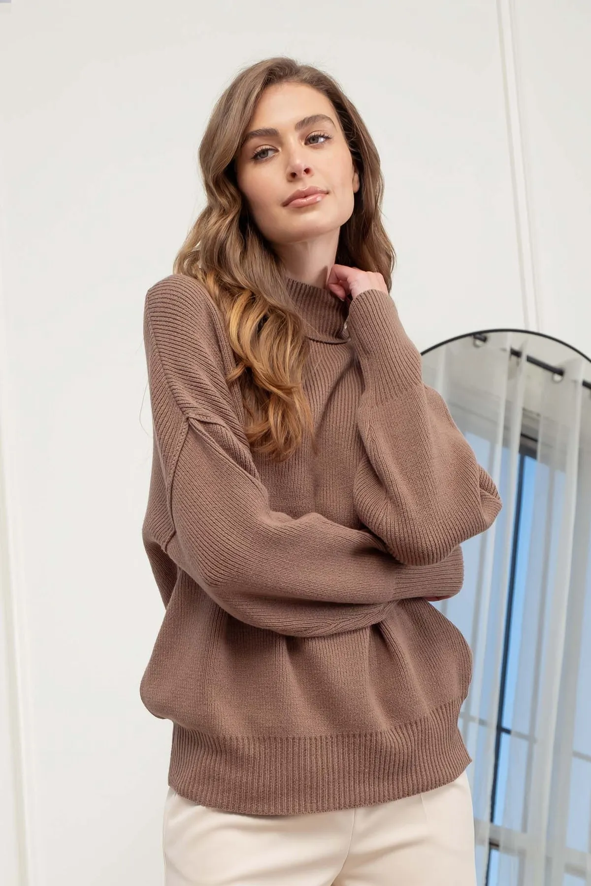 Liz Mock Neck Drop Shoulder Exposed Seam Sweater
