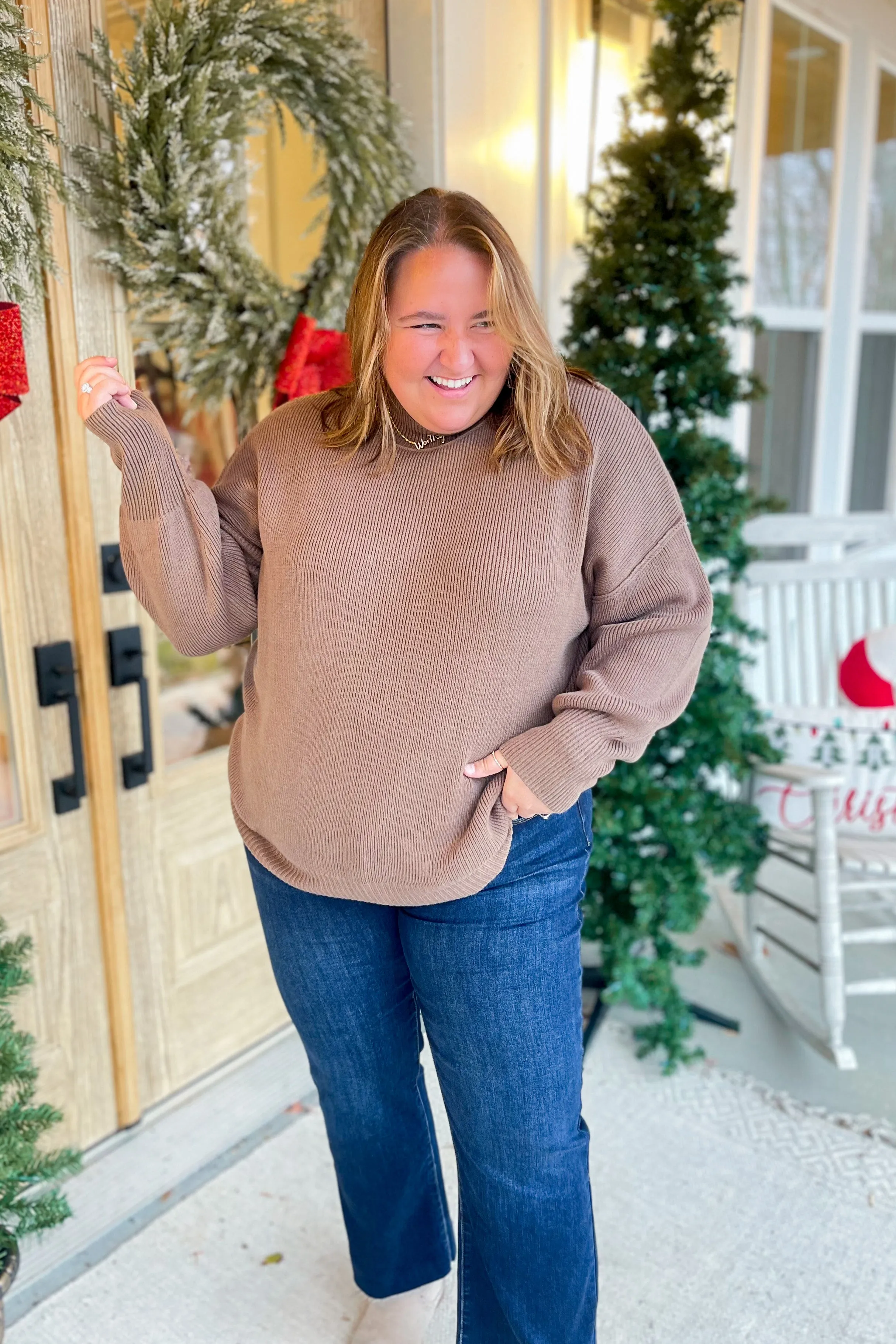 Liz Mock Neck Drop Shoulder Exposed Seam Sweater