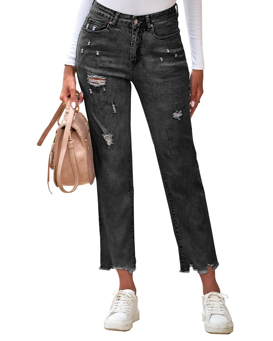luvamia High Waisted Boyfriend Jeans for Women Ripped Distressed Jeans Slim Straight Leg Denim Pants