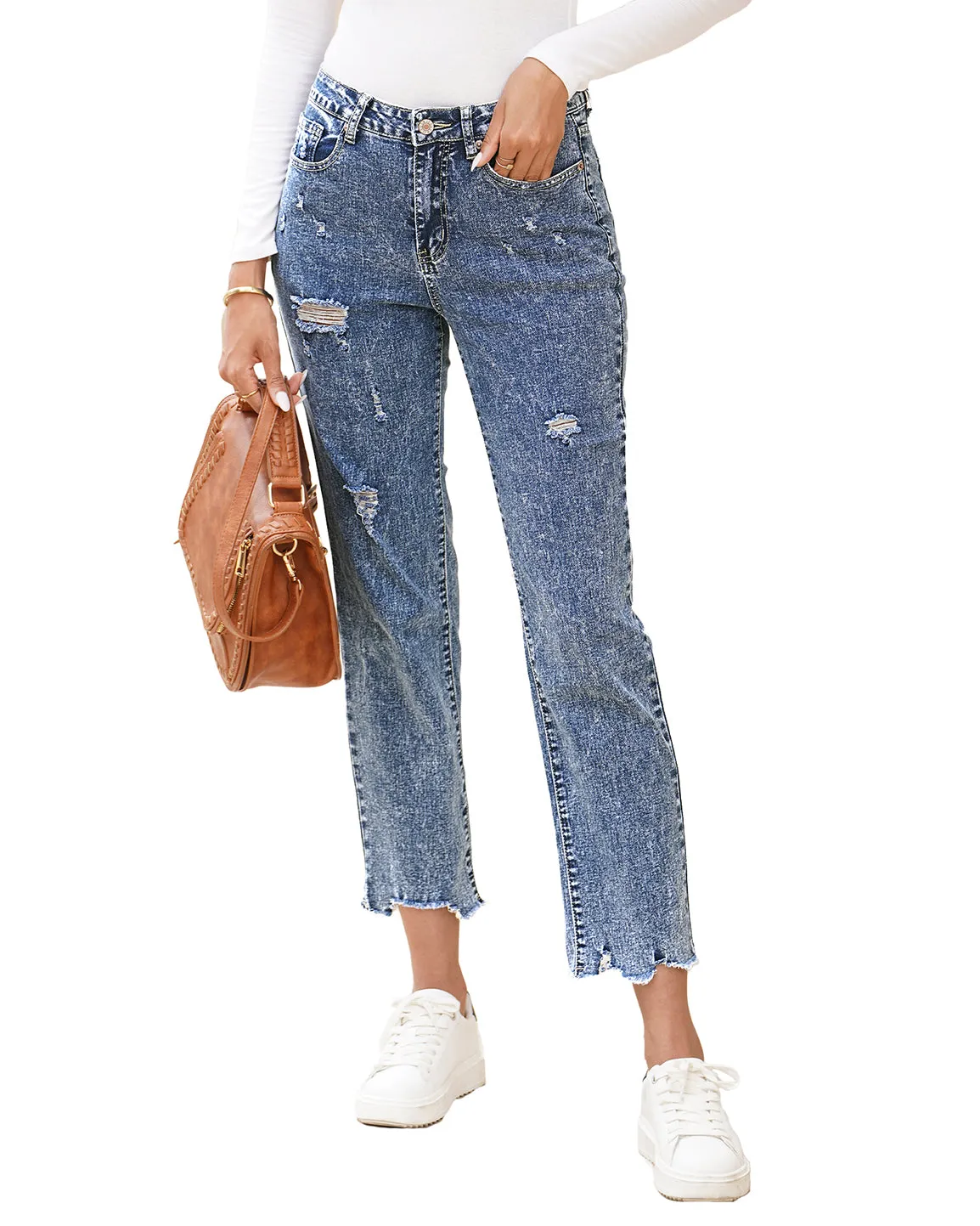 luvamia High Waisted Boyfriend Jeans for Women Ripped Distressed Jeans Slim Straight Leg Denim Pants