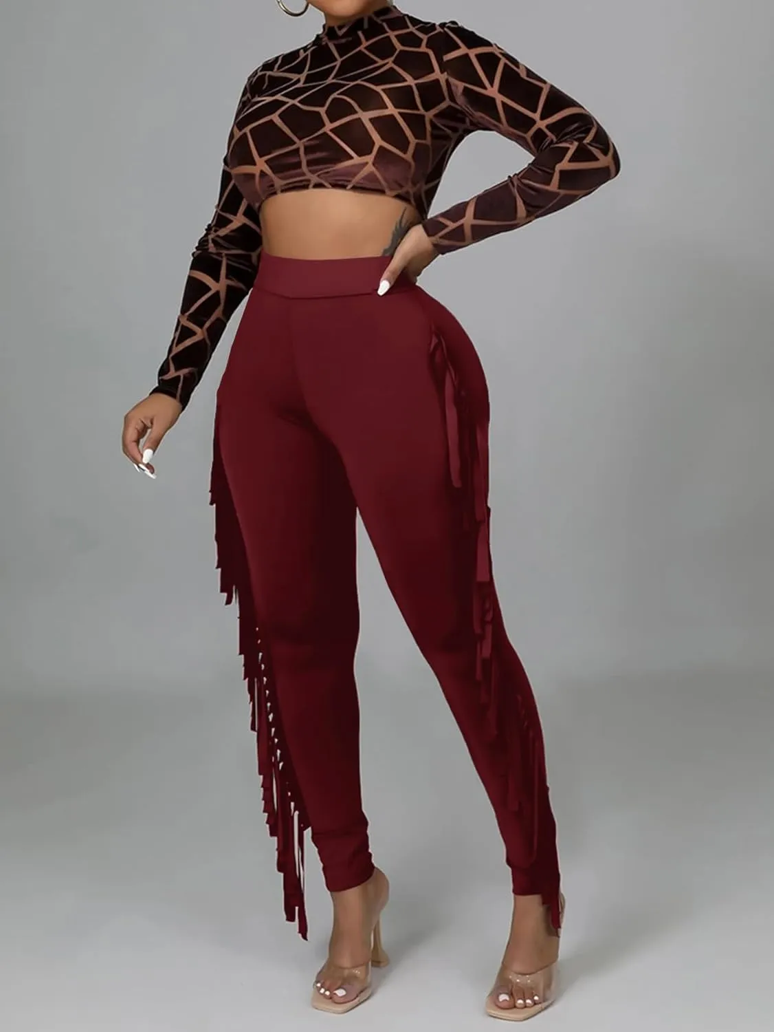 LYANER Women's High Waist Fringe Jogger Sweatpants Tassels Side Bodycon Pants