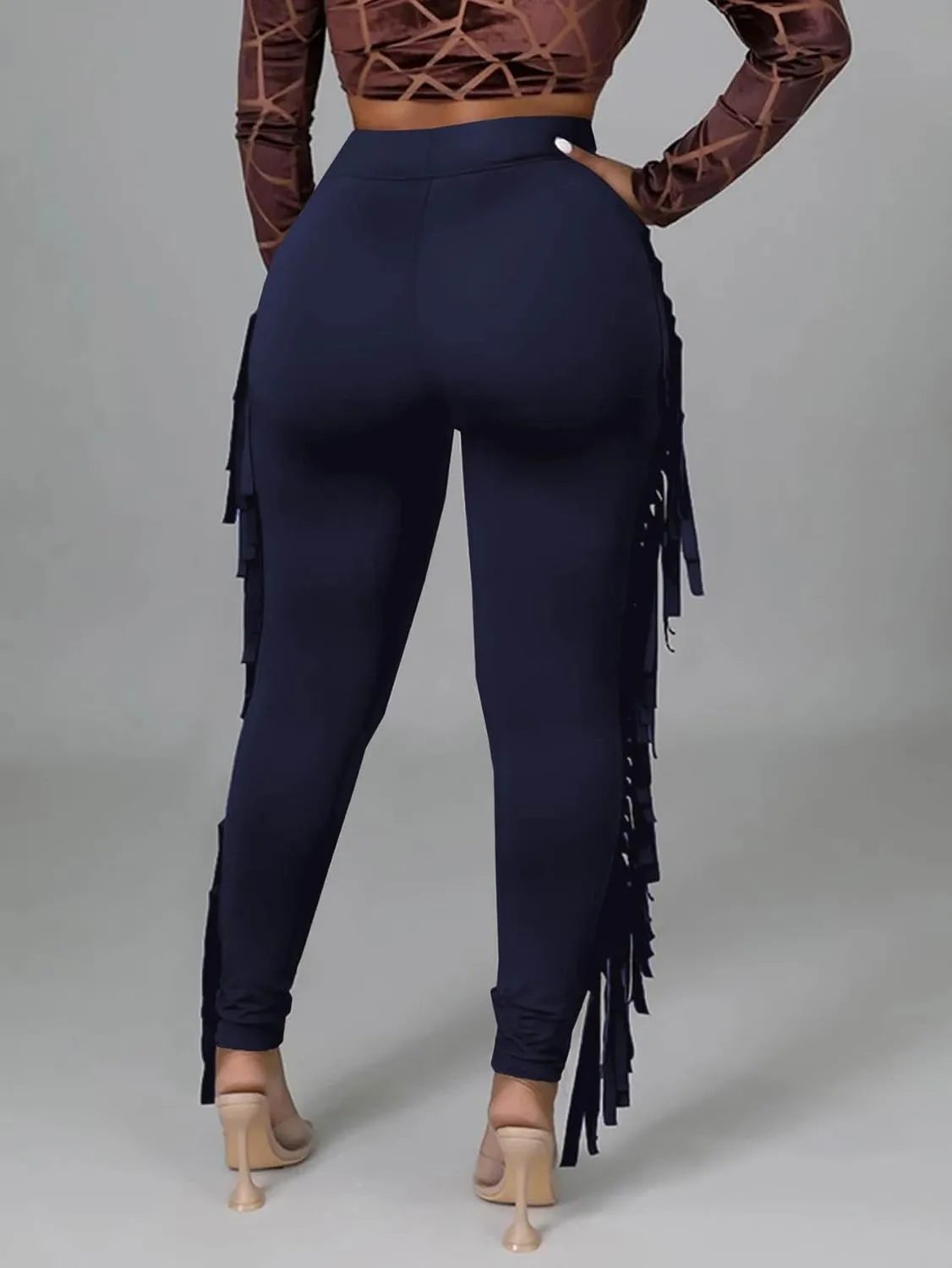 LYANER Women's High Waist Fringe Jogger Sweatpants Tassels Side Bodycon Pants