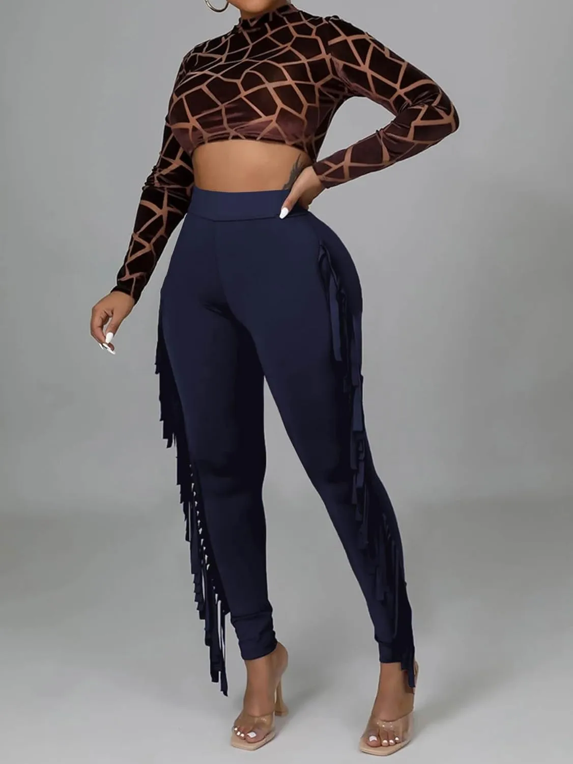 LYANER Women's High Waist Fringe Jogger Sweatpants Tassels Side Bodycon Pants