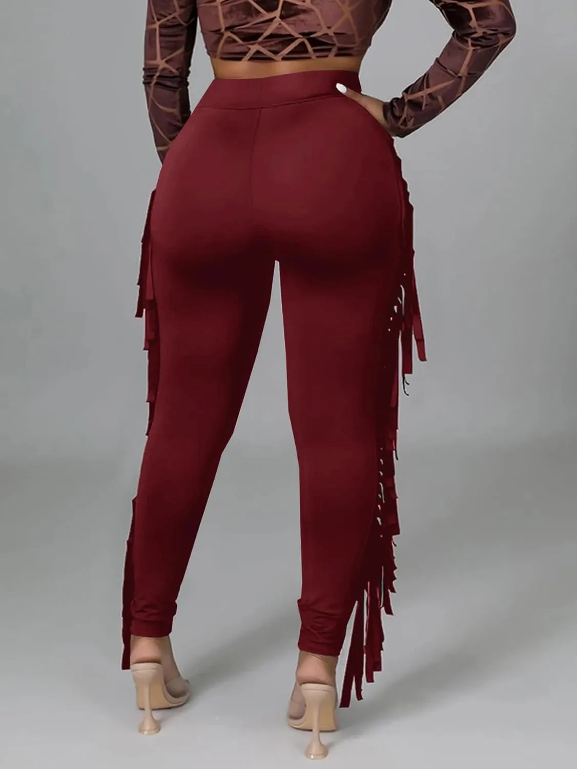 LYANER Women's High Waist Fringe Jogger Sweatpants Tassels Side Bodycon Pants