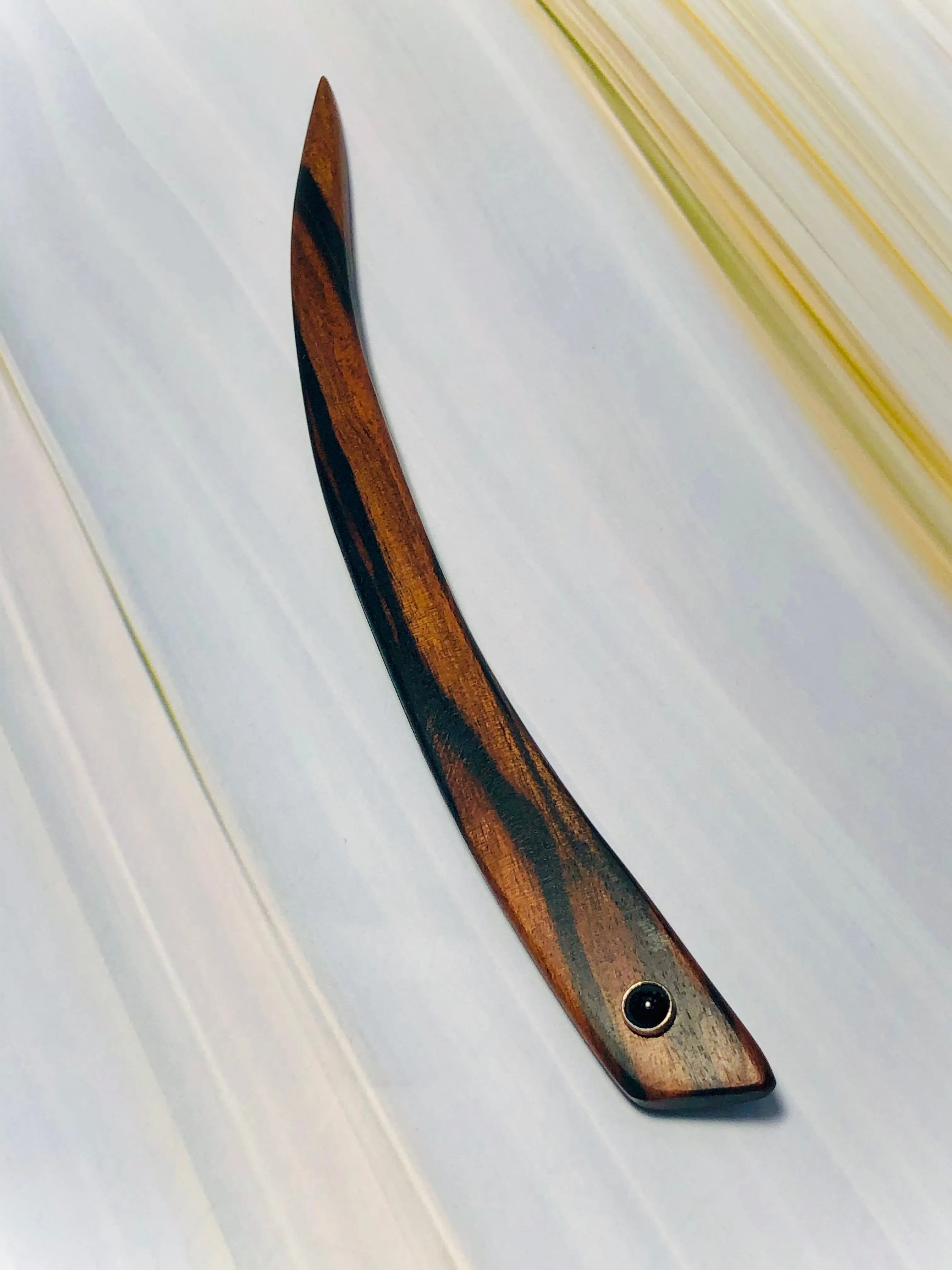 Macassar Ebony and Onyx wood hair stick, silver gemstone wooden hair stick, shawl pin, sweater pin