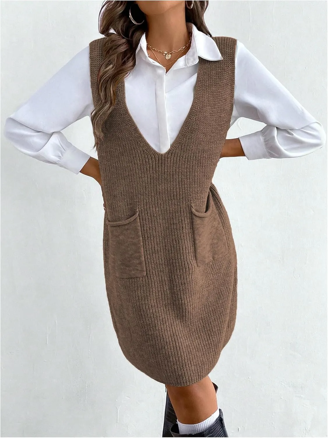 MakeMeChic Women's Casual Sweater Dress V Neck Sleeveless Knit Short Sweater Dresses with Pocket