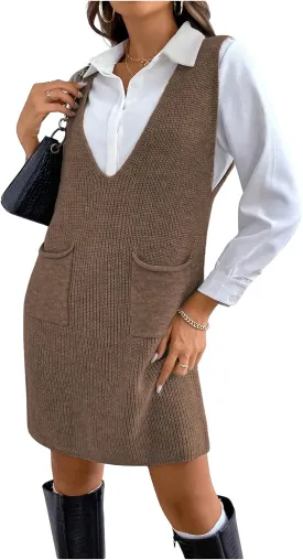 MakeMeChic Women's Casual Sweater Dress V Neck Sleeveless Knit Short Sweater Dresses with Pocket