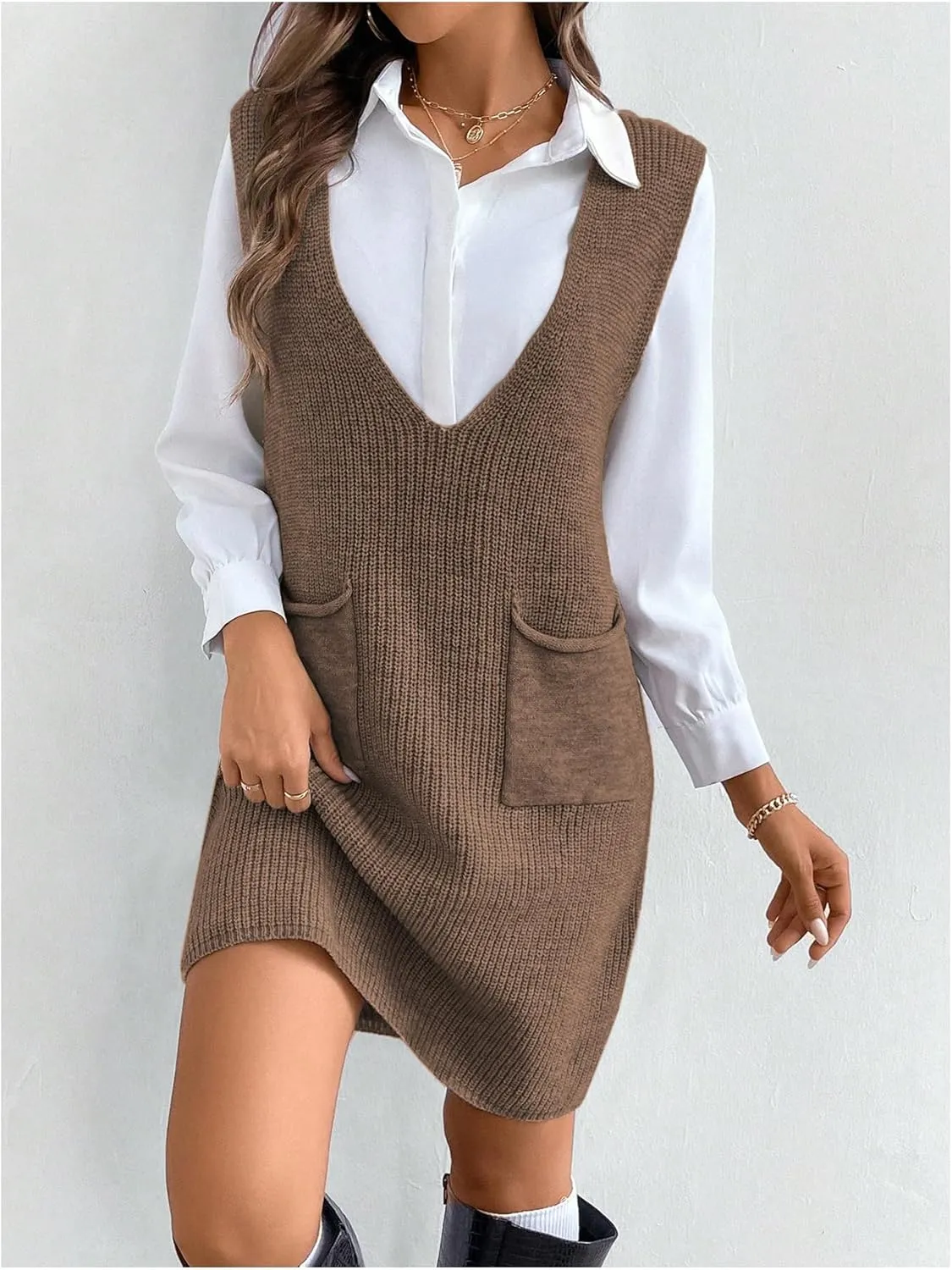 MakeMeChic Women's Casual Sweater Dress V Neck Sleeveless Knit Short Sweater Dresses with Pocket