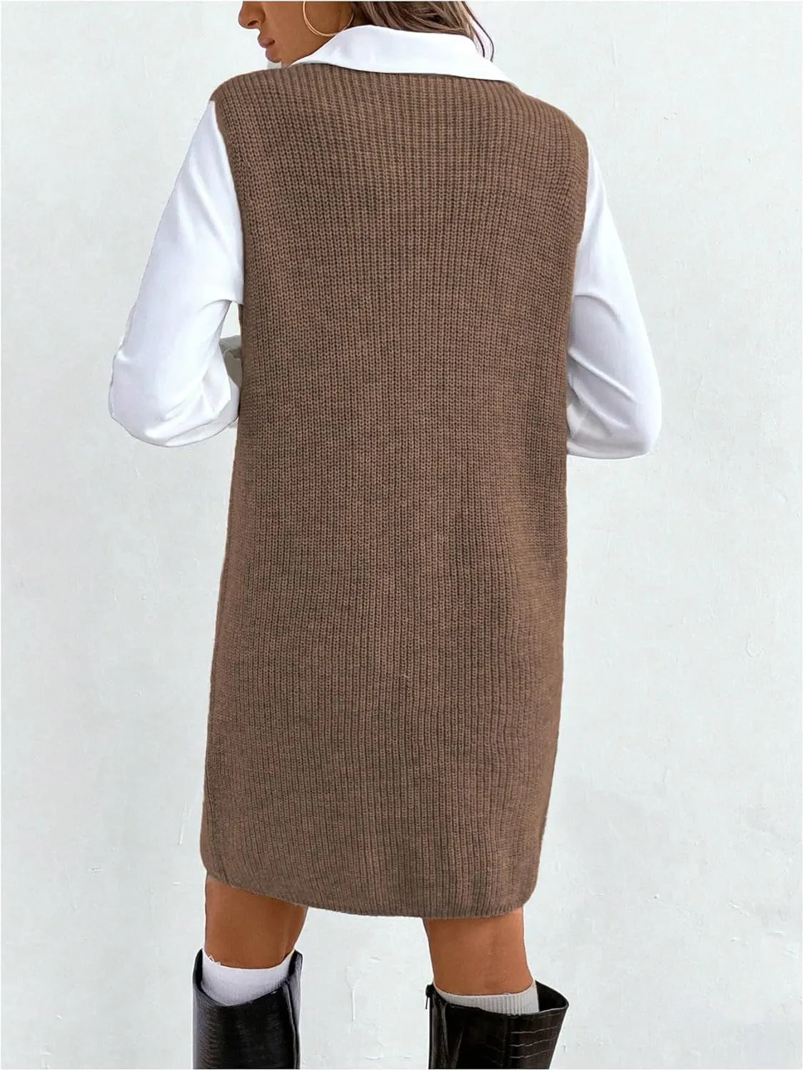 MakeMeChic Women's Casual Sweater Dress V Neck Sleeveless Knit Short Sweater Dresses with Pocket