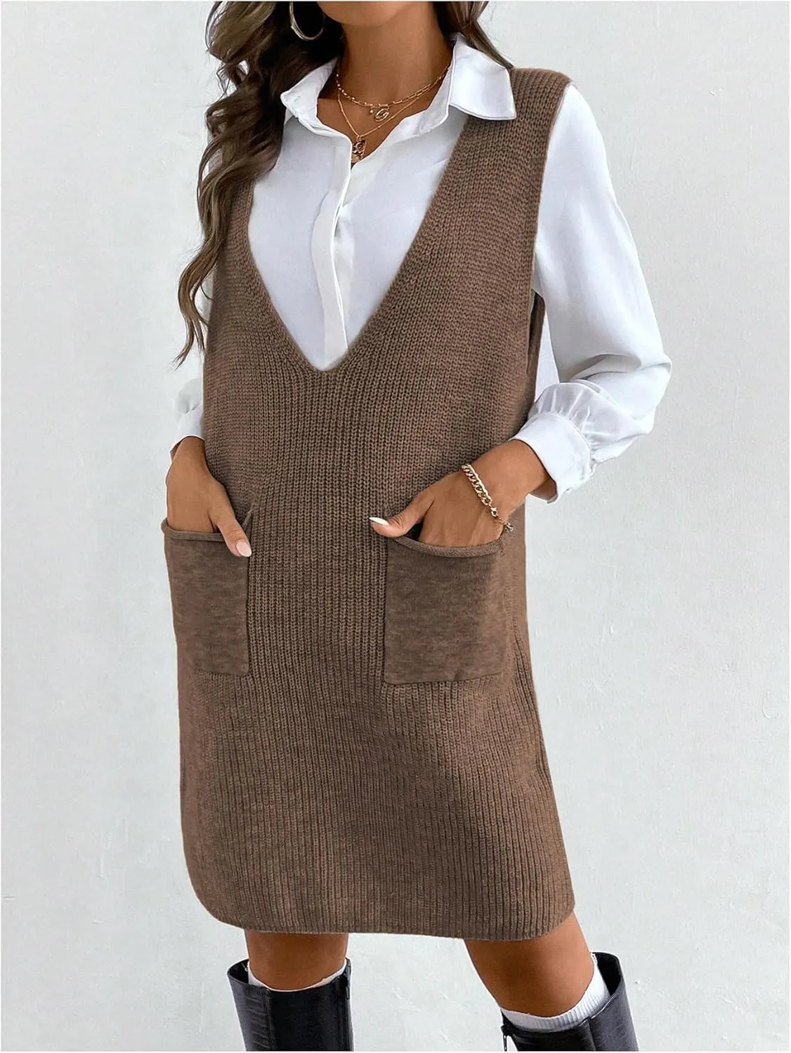 MakeMeChic Women's Casual Sweater Dress V Neck Sleeveless Knit Short Sweater Dresses with Pocket
