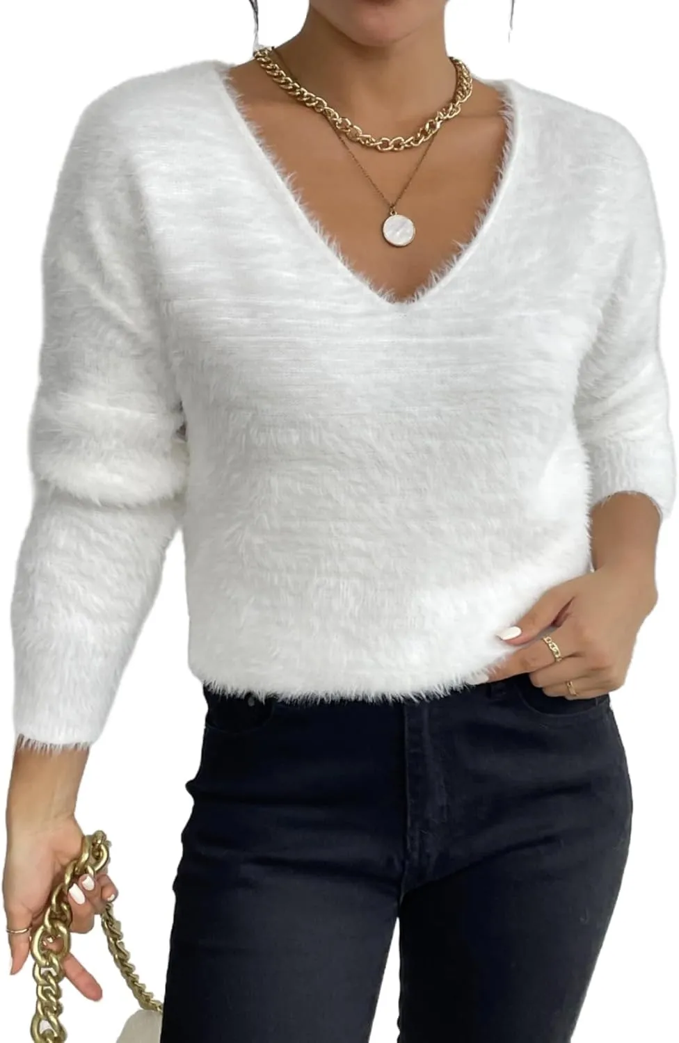 MakeMeChic Women's Fuzzy Sweater V Neck Long Sleeve Drop Shoulder Pullover Sweater