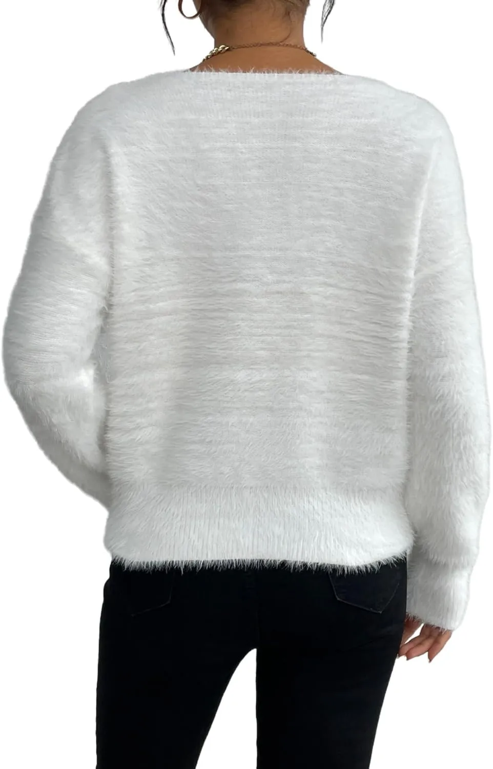 MakeMeChic Women's Fuzzy Sweater V Neck Long Sleeve Drop Shoulder Pullover Sweater