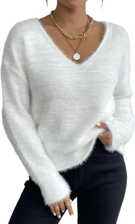 MakeMeChic Women's Fuzzy Sweater V Neck Long Sleeve Drop Shoulder Pullover Sweater
