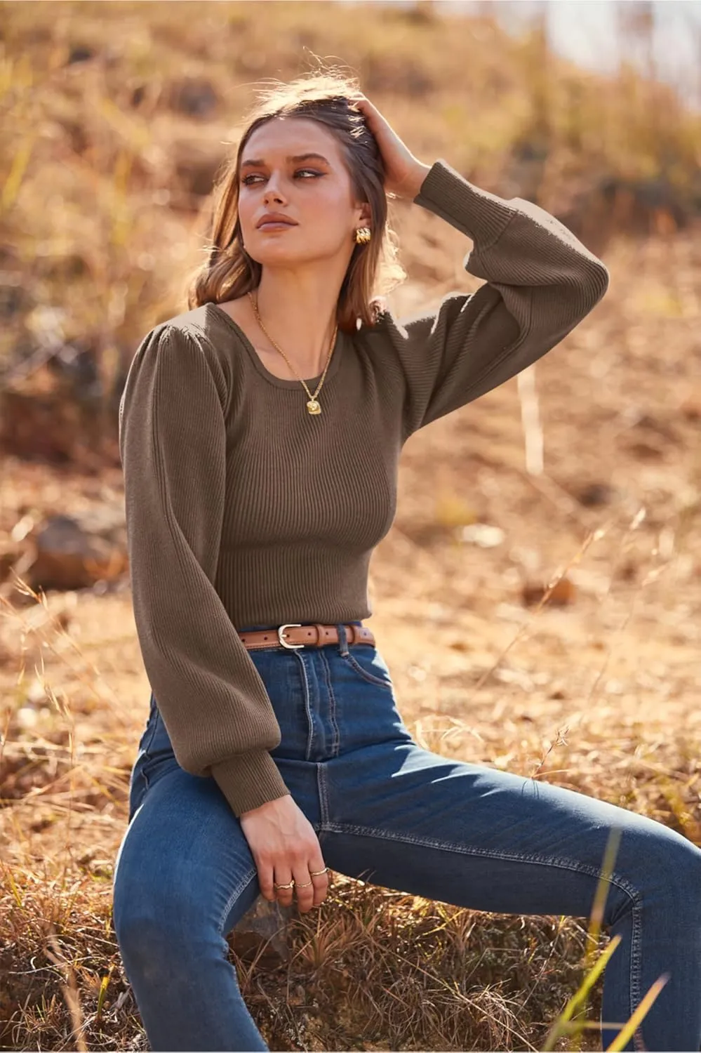 MASCOMODA Long Puff Sleeve Sweaters for Women 2025 Fall Winter Crewneck Knit Ribbed Bodysuit Pullover Tops