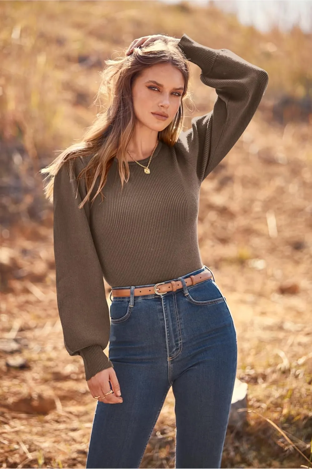 MASCOMODA Long Puff Sleeve Sweaters for Women 2025 Fall Winter Crewneck Knit Ribbed Bodysuit Pullover Tops