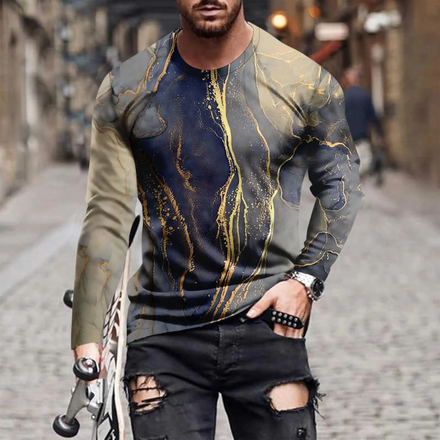 Men's 2023 Autumn Casual T Shirt Graphic Abstract Long Sleeve Print Fashion Shirts Designer Vintage Blouse Tops