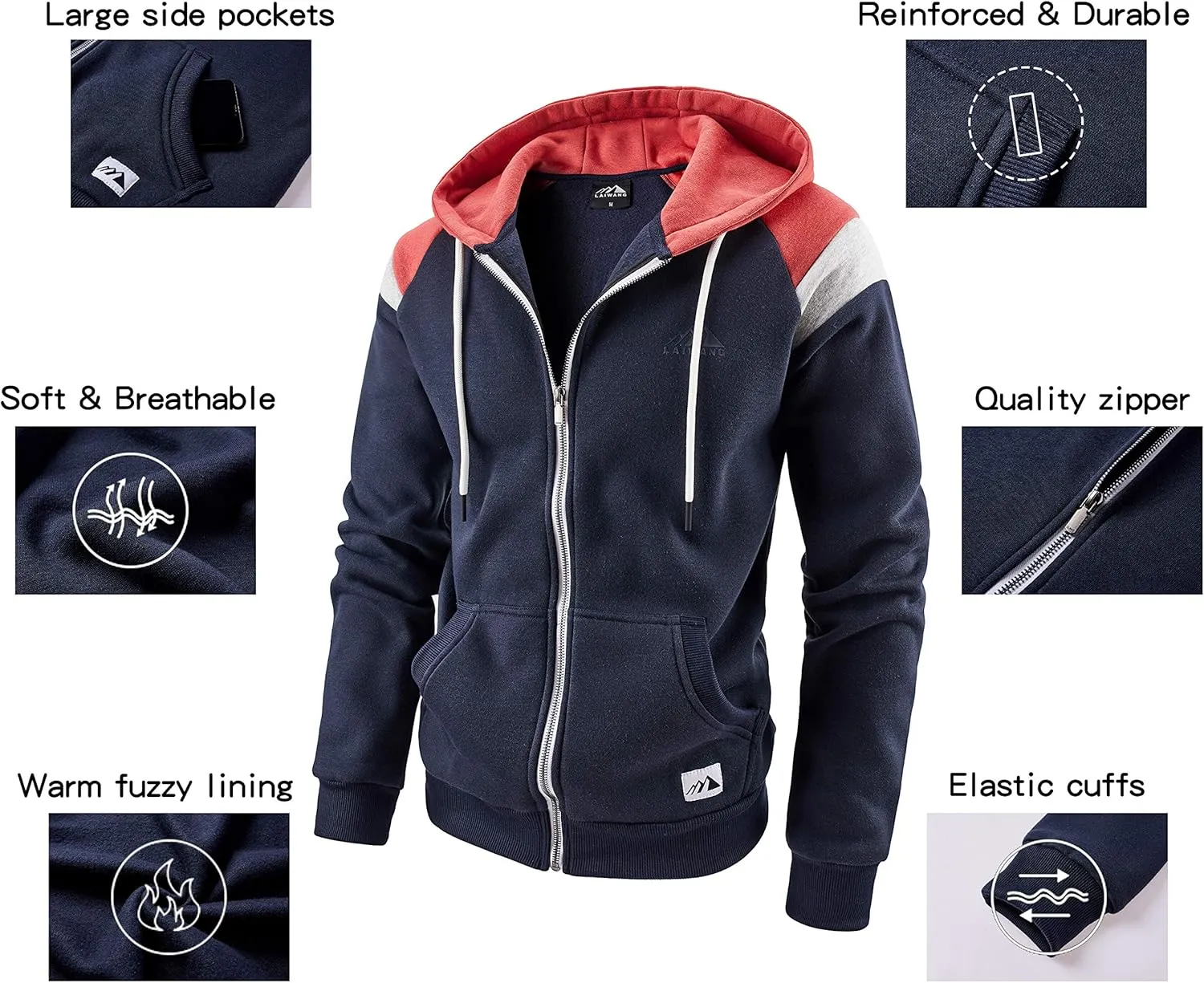 Men's Full Zip Fleece Hoodie zippered Color Block hooded slim Fit Long Sleeve Lightweight Sweatshirt