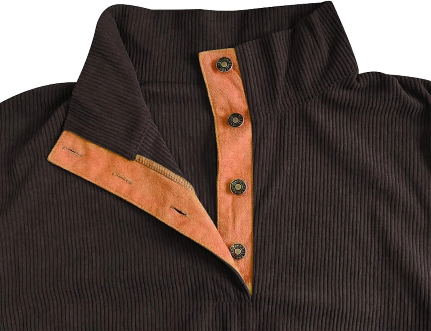 Mens Sweatshirt Corduroy Tactical Henley Shirts Long Sleeve Elbow Patch Draped Pullover Casual Stand Collar Slim Shirt