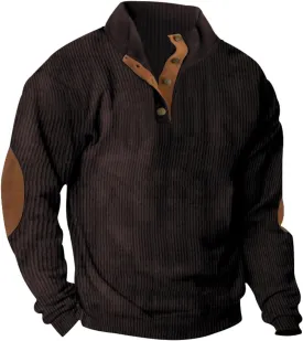 Mens Sweatshirt Corduroy Tactical Henley Shirts Long Sleeve Elbow Patch Draped Pullover Casual Stand Collar Slim Shirt