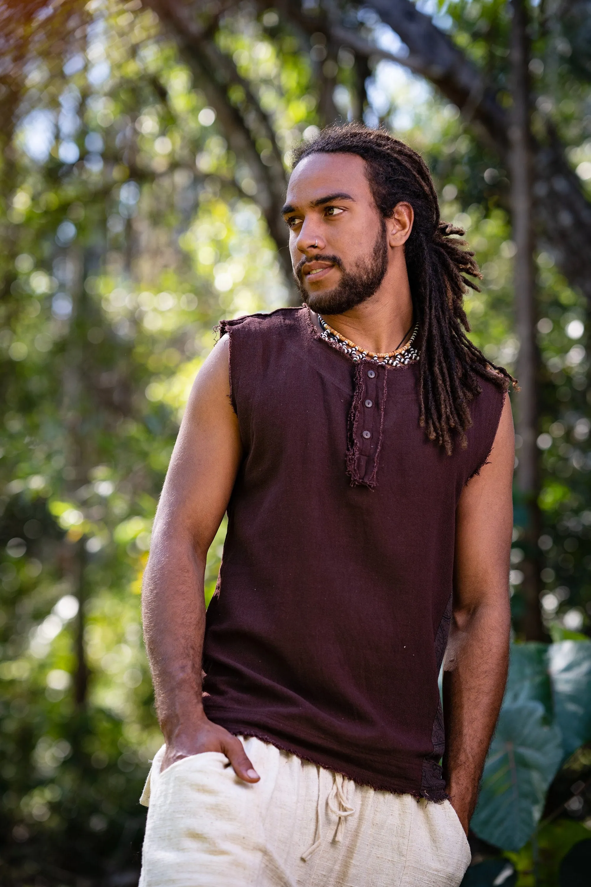 Mens Tank Top Neo SHIPIBO Black  Gypsy Sleeveless Earthy T Shirt, Open Neck Tribal Jungle Primitive Festival Rave AJJAYA Nomadic Primitive