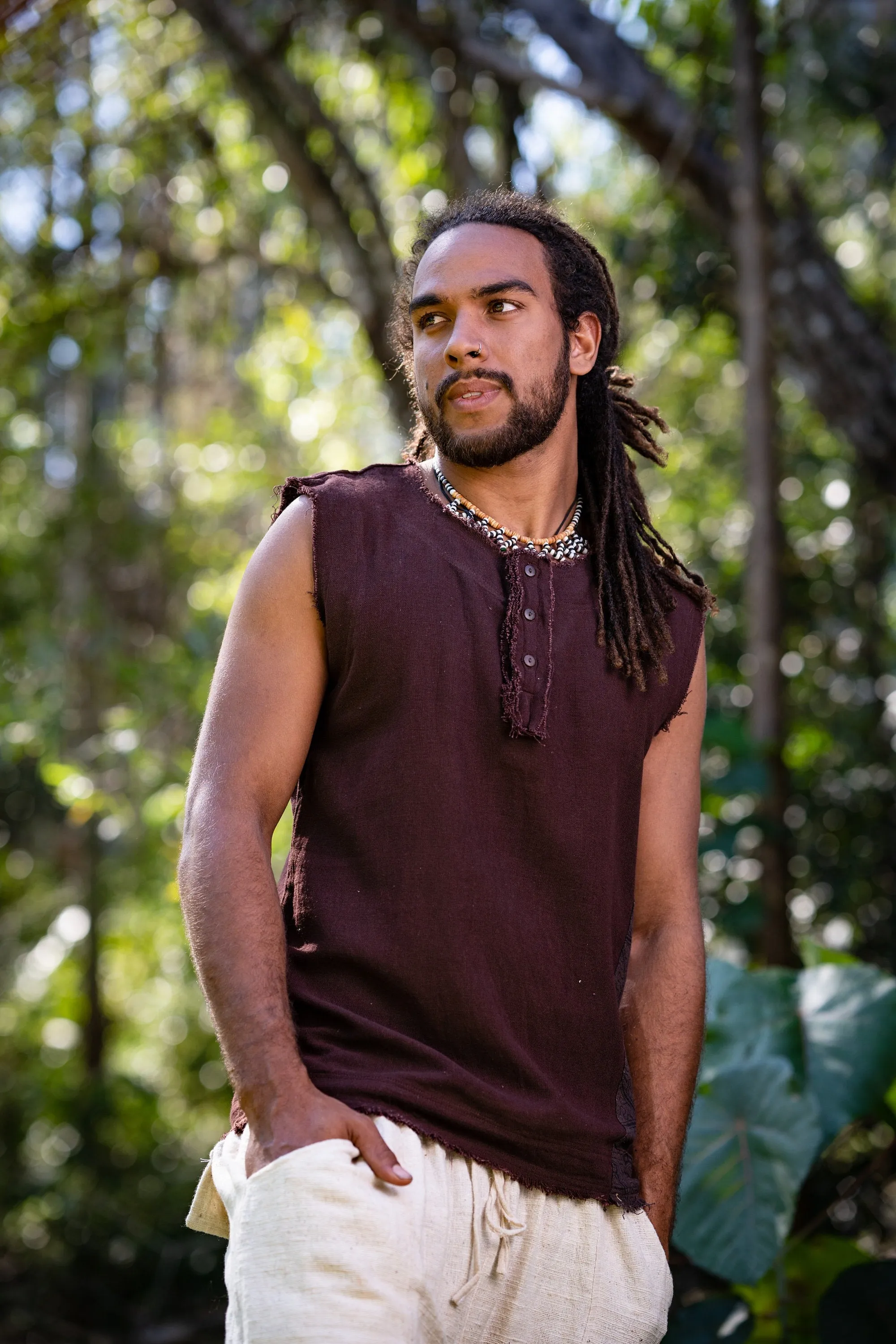 Mens Tank Top Neo SHIPIBO Black  Gypsy Sleeveless Earthy T Shirt, Open Neck Tribal Jungle Primitive Festival Rave AJJAYA Nomadic Primitive