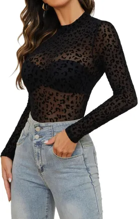 Mesh Top for Women Long Sleeve Mock Neck Mesh Shirt Sheer Top Solid Floral Tee Shirts S-XXL